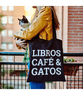Tote bag Libros, café y gatos