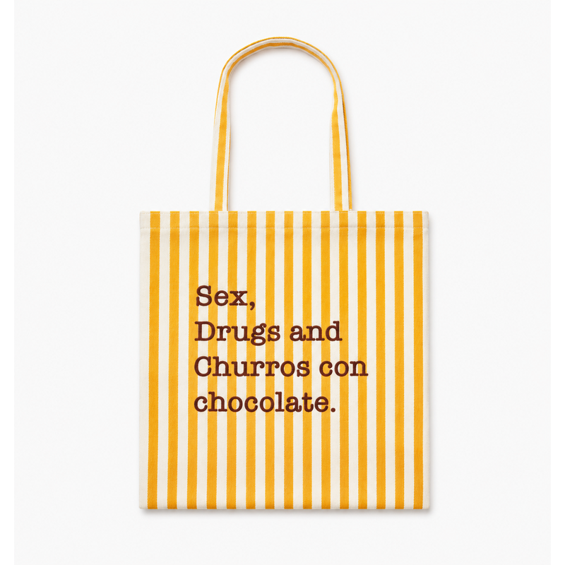 Tote bag de rayas con mensaje Sex, drugs and churros con chocolate