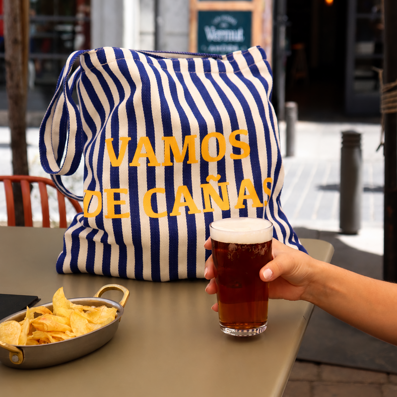 Tote bag de rayas con mensaje Vamos de cañas