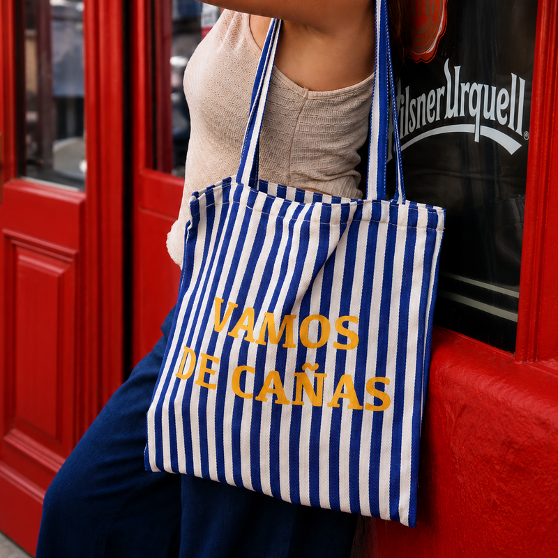 Tote bag de rayas con mensaje Vamos de cañas