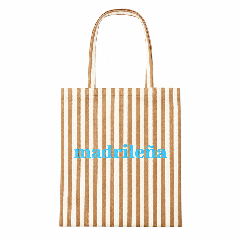 Tote bag de rayas con mensaje Madrileña