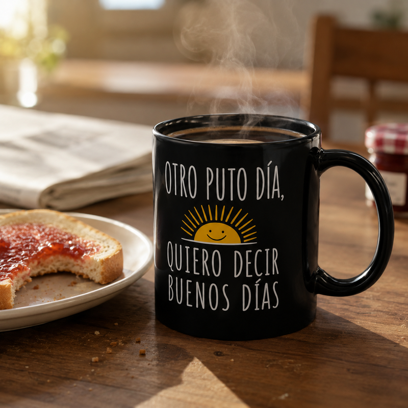 Taza Otro p*** día, quiero decir Buenos días